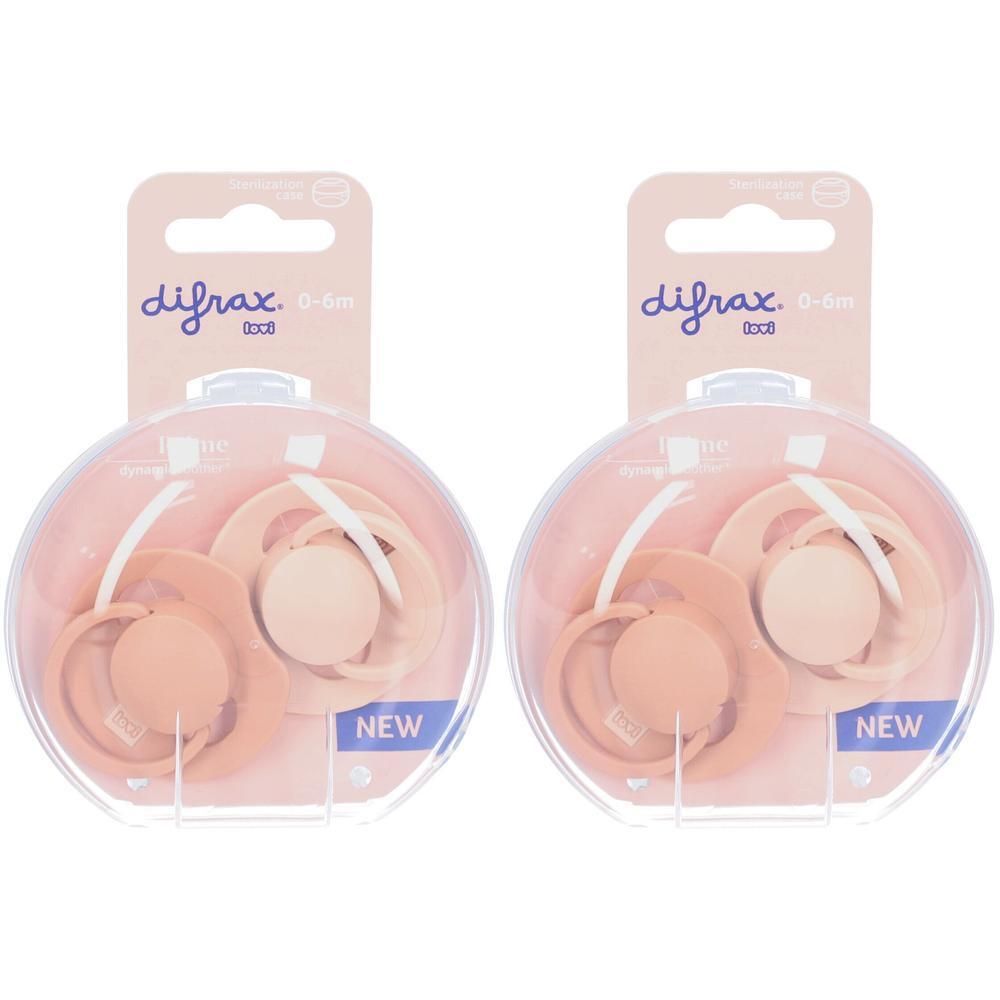 Twee Difrax fopspeen 0-6M Nude/Blush, verpakt in doorzichtige doosjes.