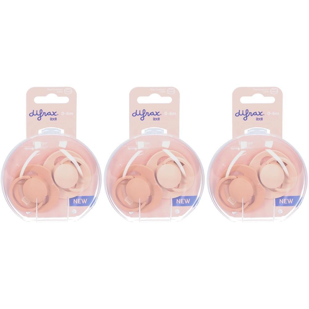 Drie Difrax fopspenen in Nude/Blush, 0-6 maanden, in ronde verpakking.