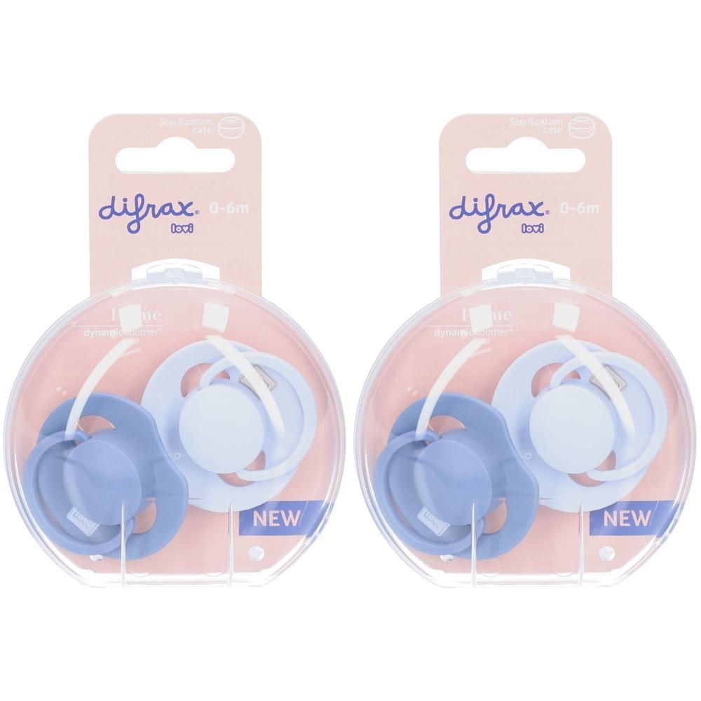 Deux sucettes Difrax 0-6M Bleu Bébé/Bleu, emballées.