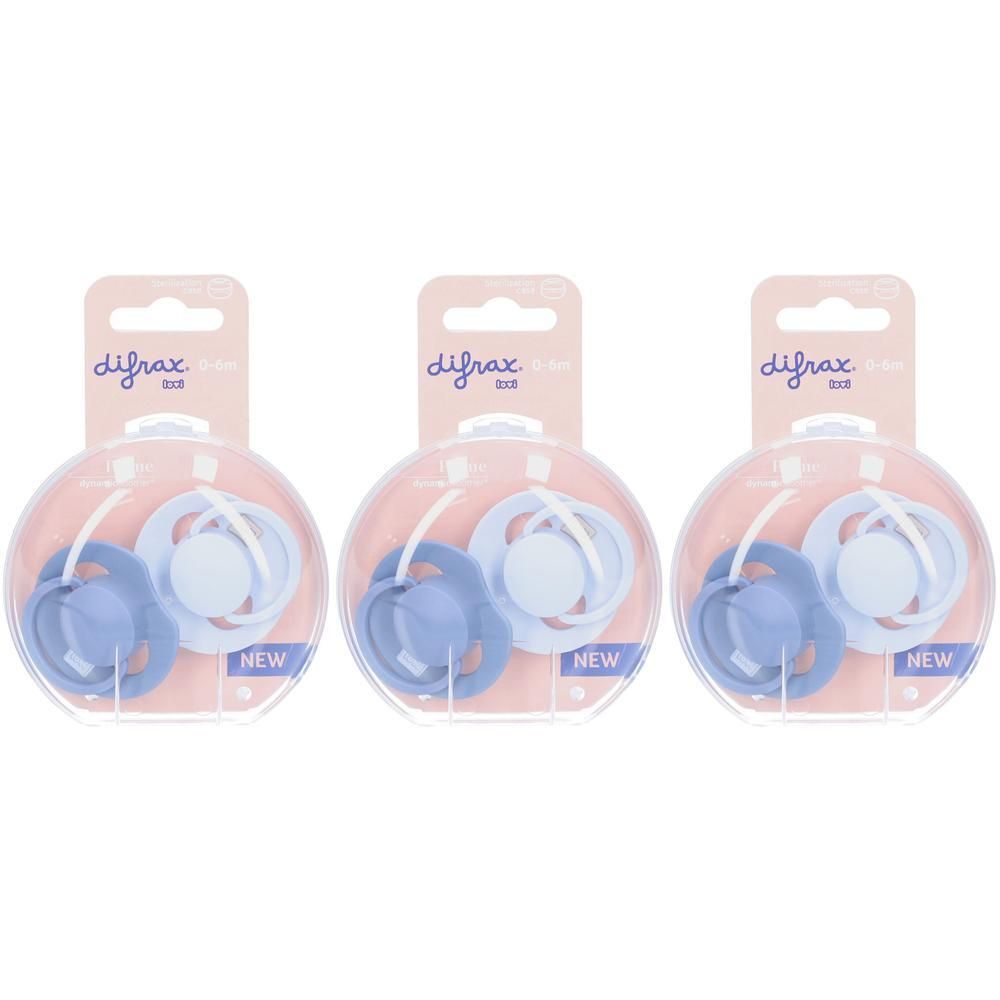 Trois paquets de sucettes Difrax, 0-6 mois, bleu clair et bleu.