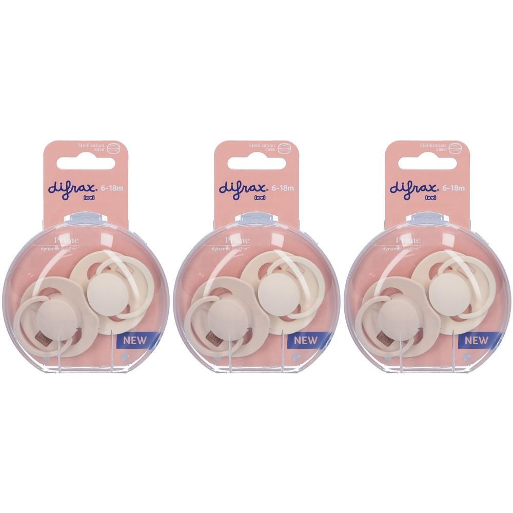 Trois sucettes Difrax 6-18 mois, couleur coco/ivoire, neuves sous emballage.