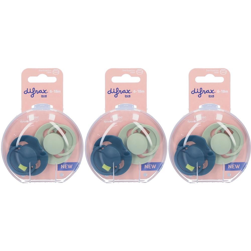 Trois paquets de sucettes Difrax Pistache et Bleu Foncé, 6-18 mois.