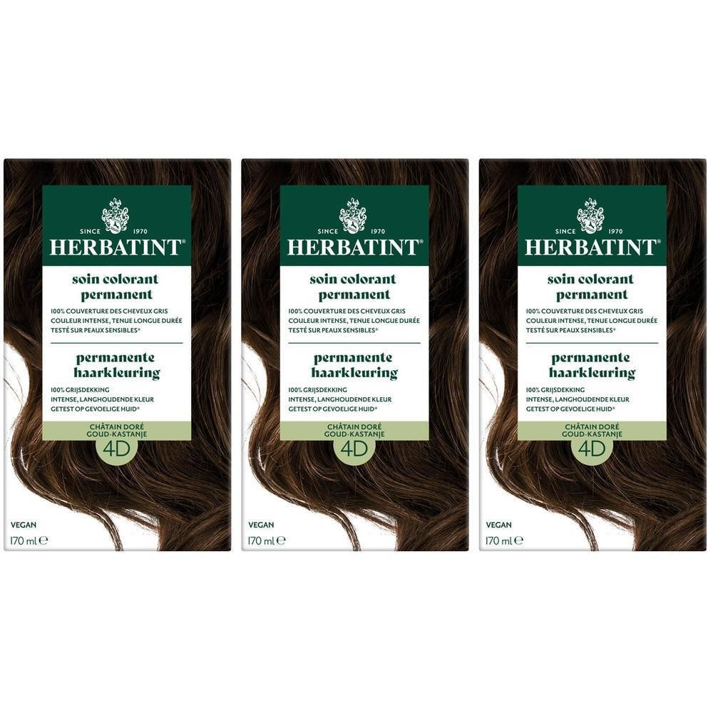 Trois boîtes de teinture capillaire permanente Herbatint 4D Châtain doré.