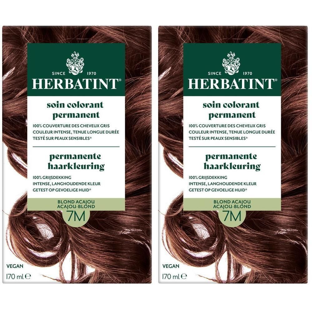 Deux boîtes de teinture capillaire permanente Herbatint 7M Blond Acajou. 170ml.