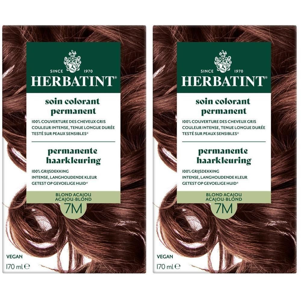 Twee pakken Herbatint permanente haarkleuring 7M Acajou Blond. 170ml.