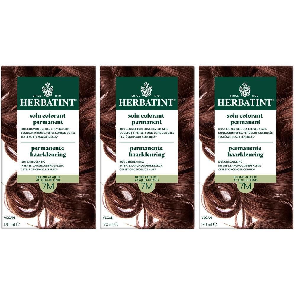 Trois boîtes de teinture capillaire permanente Herbatint 7M Blond Acajou.