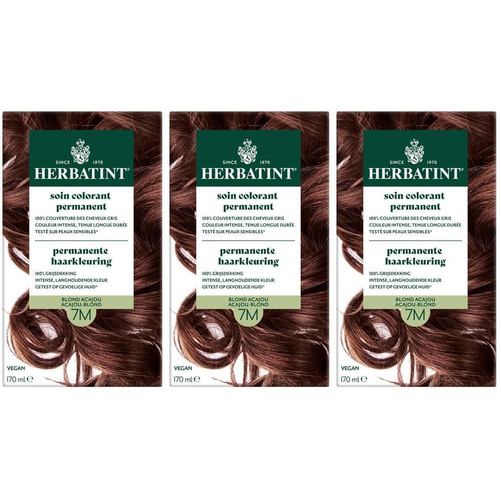 Drie pakken Herbatint permanente haarkleuring 7M Blond Mahonie.