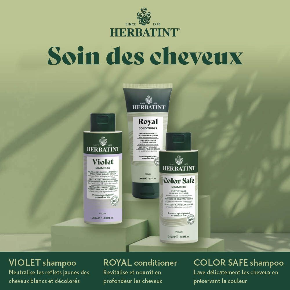 Herbatint soins capillaires : Shampooing Violet, Après-shampooing Royal, Shampooing Color Safe.