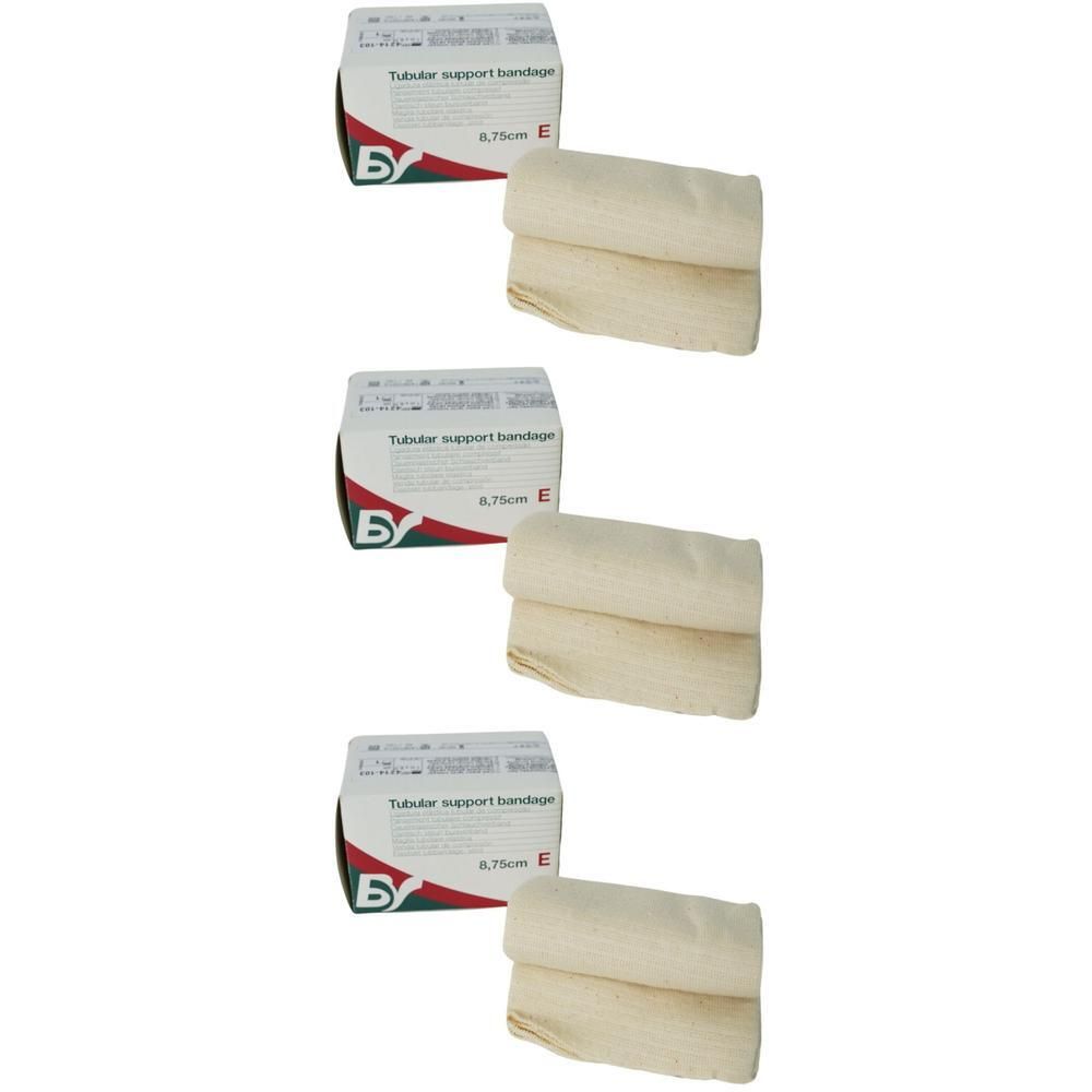 Drie pakken BV Tubulair Verband Compressief E 8,75 cm. Beige, stoffen rol.