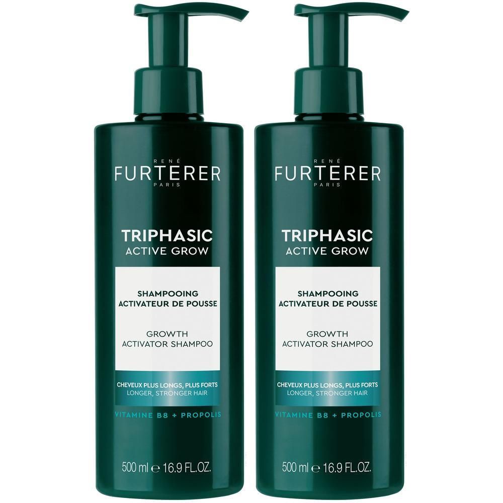 Deux flacons de shampooing René Furterer Triphasic Active Grow avec pompes.