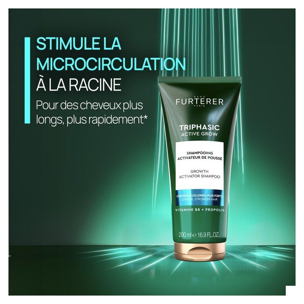 Flacon de shampooing René Furterer Triphasic Active Grow devant un fond sombre avec des rayons lumineux.