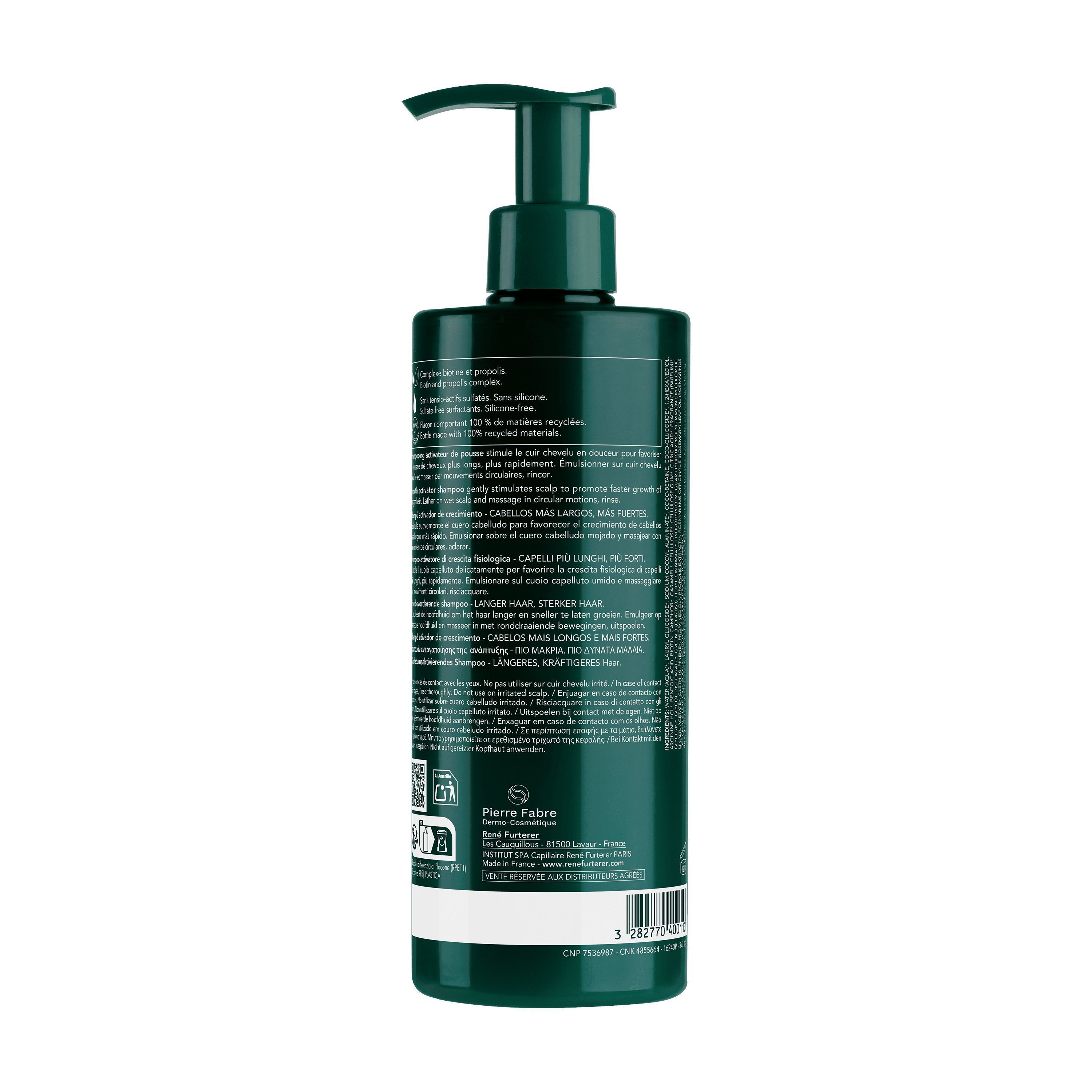 Achterkant van een fles René Furterer Triphasic Active Grow shampoo met ingrediënten en gebruiksaanwijzing.