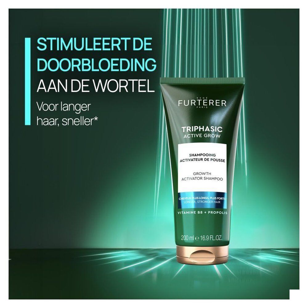 Fles René Furterer Triphasic Active Grow shampoo, omgeven door lichtgevende lijnen die haargroei stimuleren.