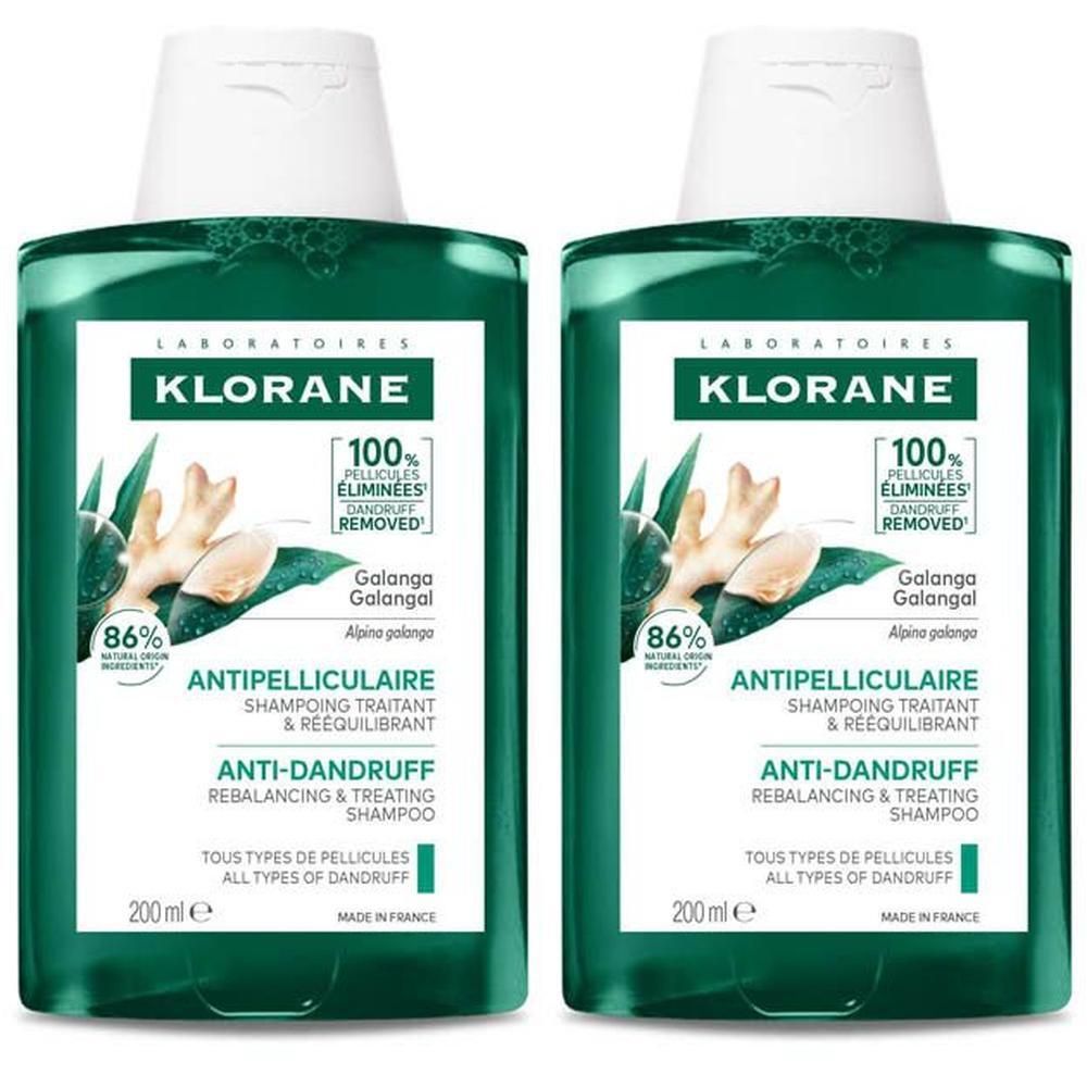 Deux flacons de shampoing antipelliculaire Klorane au Galanga, 200ml.