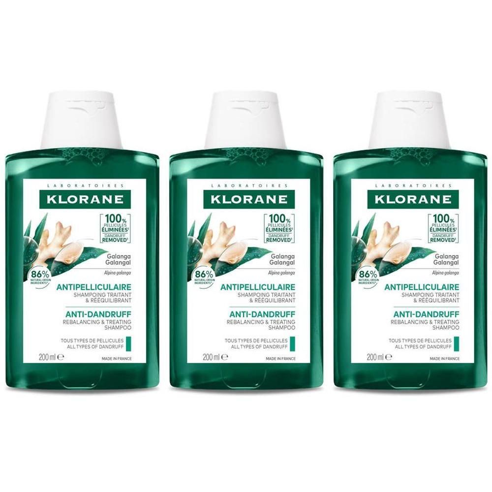 Trois flacons de shampoing Klorane Anti-Pelliculaire au Galanga. 200ml.