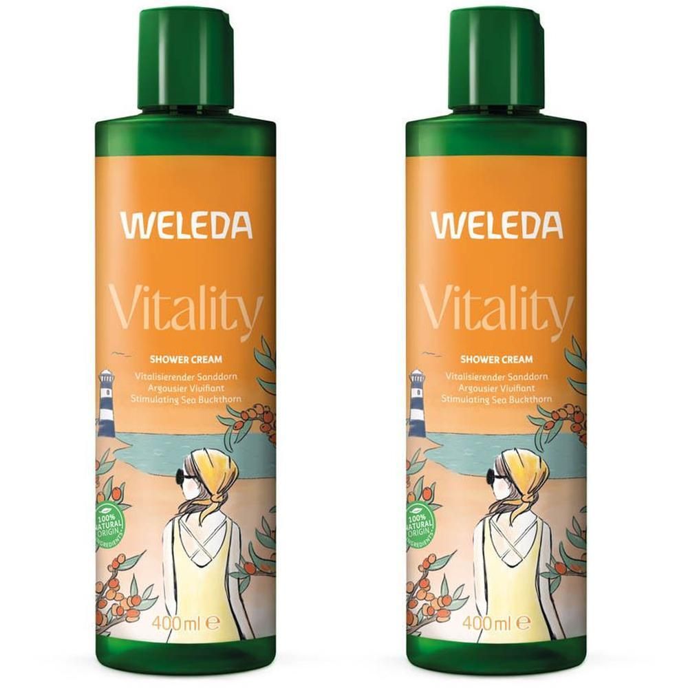 Deux flacons de Weleda Crème de Douche Vitalité Argousier Bio, 400ml.