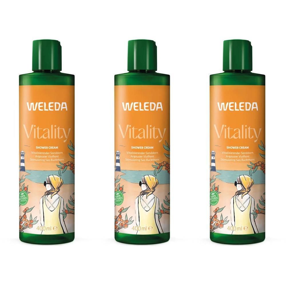 Trois flacons de crème de douche Weleda Vitalité à l'argousier, 400ml.