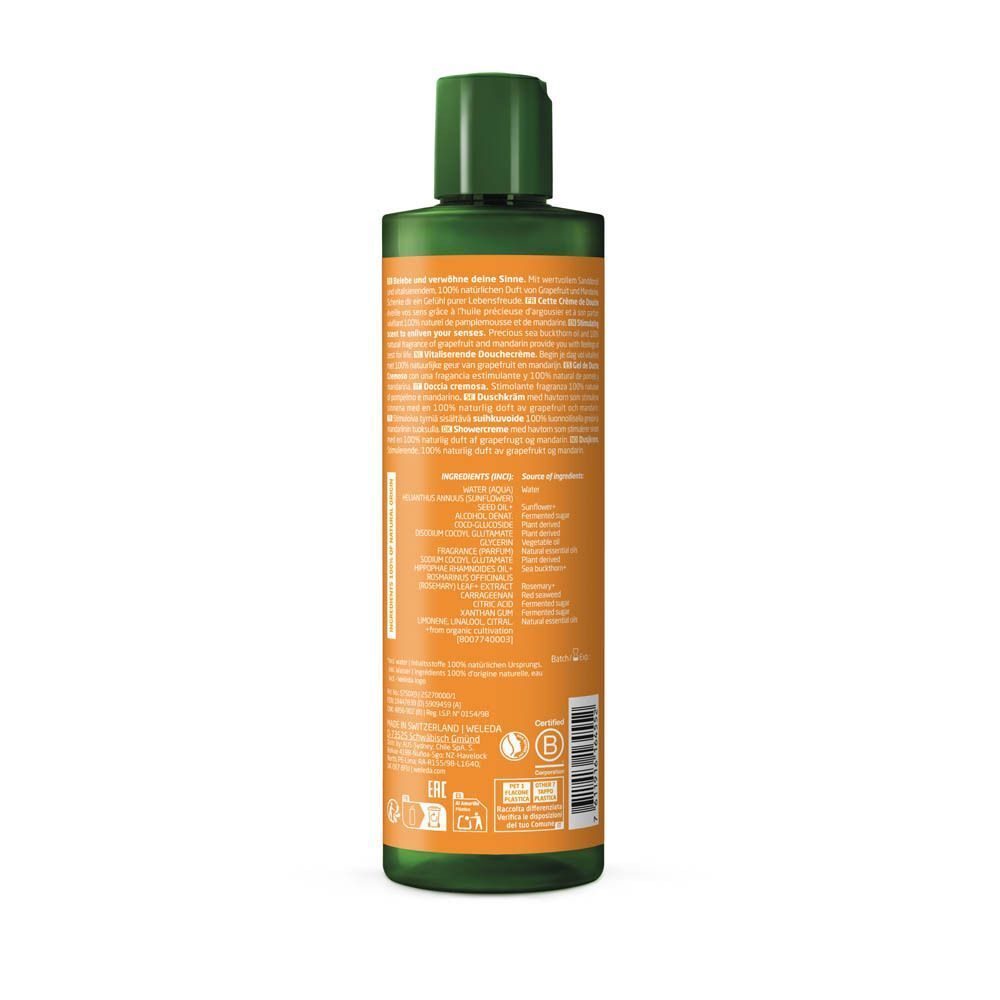 Achterkant van een fles Weleda Douchecrème Vitaliteit met duindoorn, 400ml, met ingrediëntenlijst.