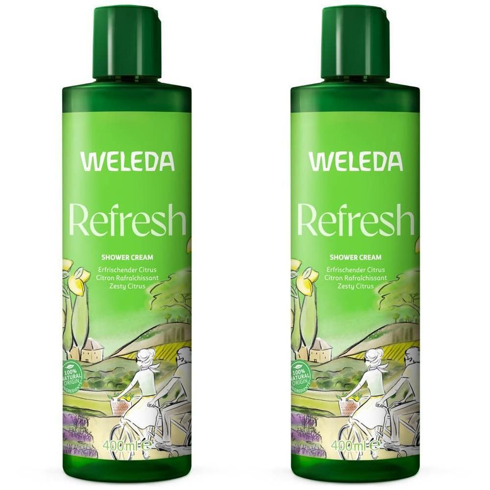 Deux bouteilles de Weleda Shower Cream Refresh Citrus Bio, bouchons verts, étiquettes illustrant une scène champêtre.