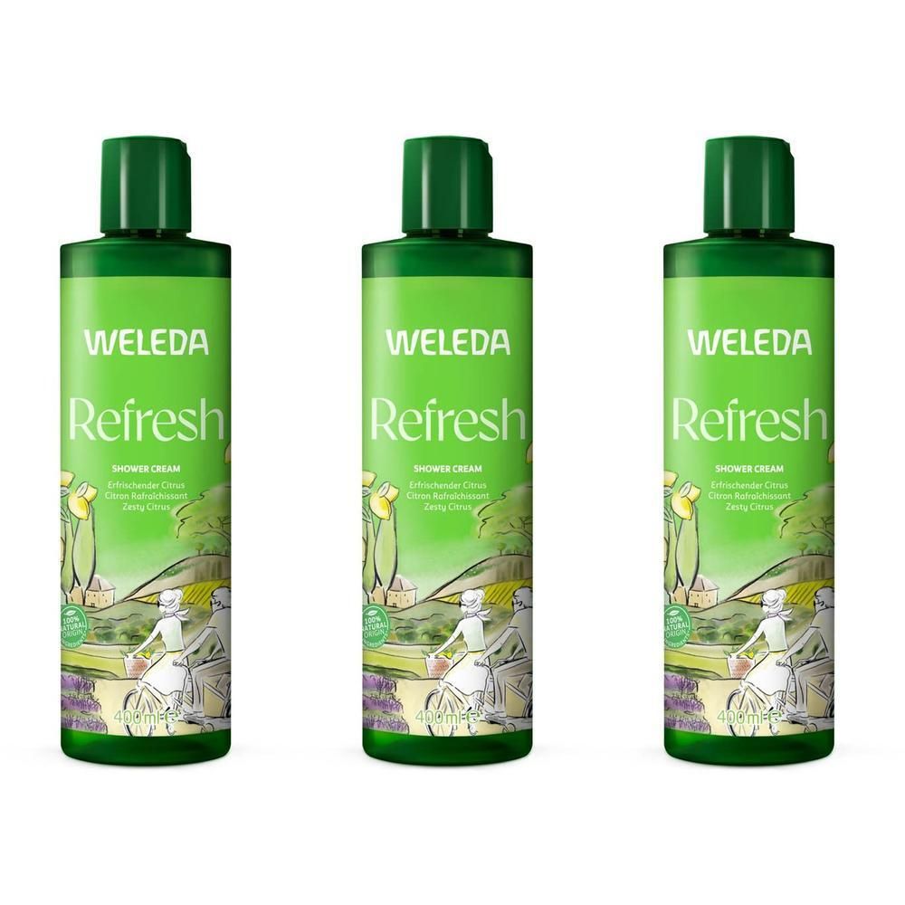 Drie groene flessen Weleda Douchecrème Refresh met citrusgeur. Vooraanzicht.