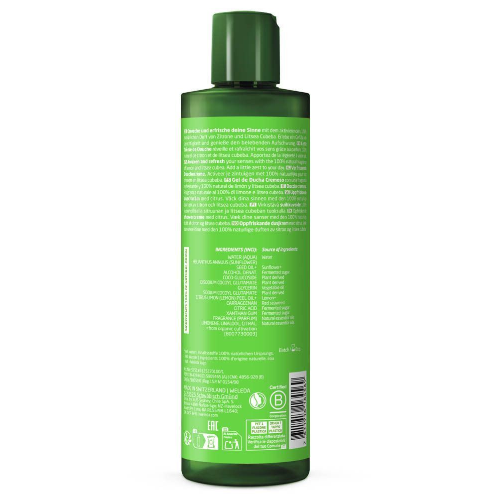 Arrière d'un flacon vert de crème de douche Weleda Refresh avec ingrédients et certifications détaillés.
