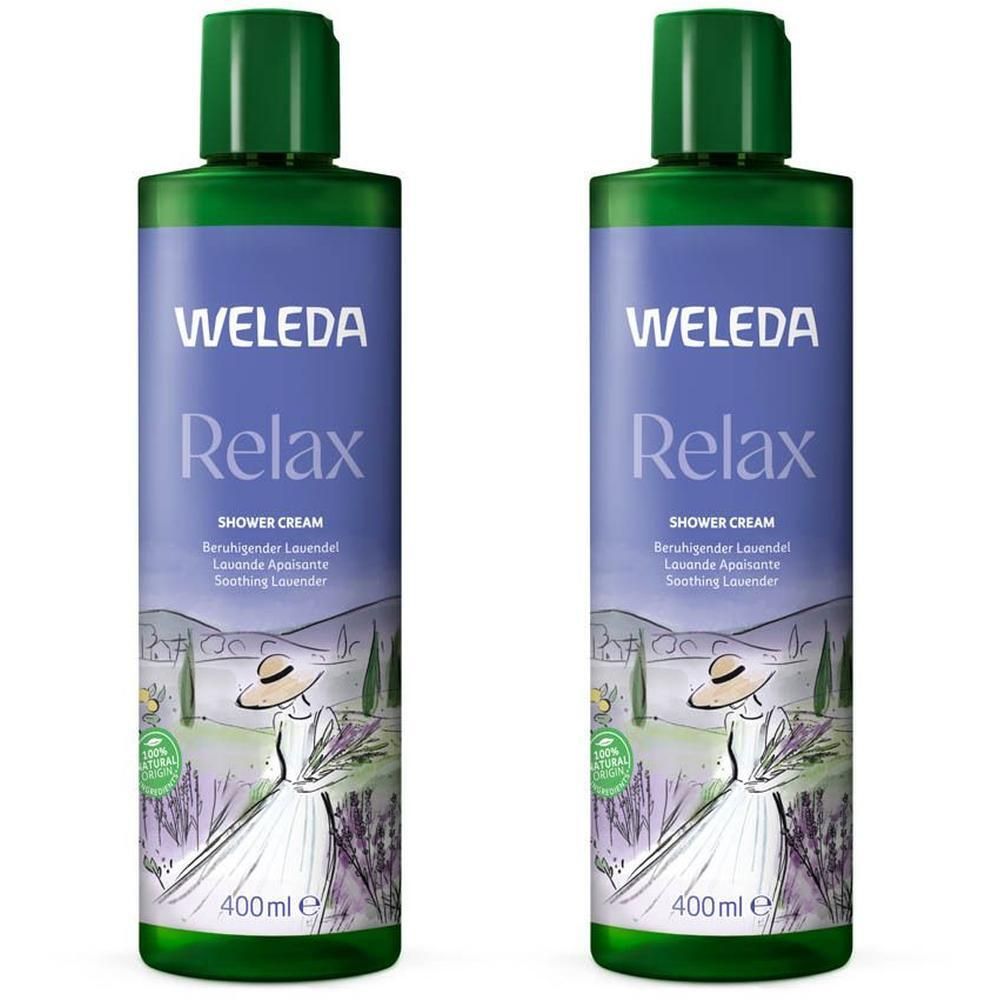 Deux flacons de crème de douche Weleda Relax Lavande Bio, 400ml.
