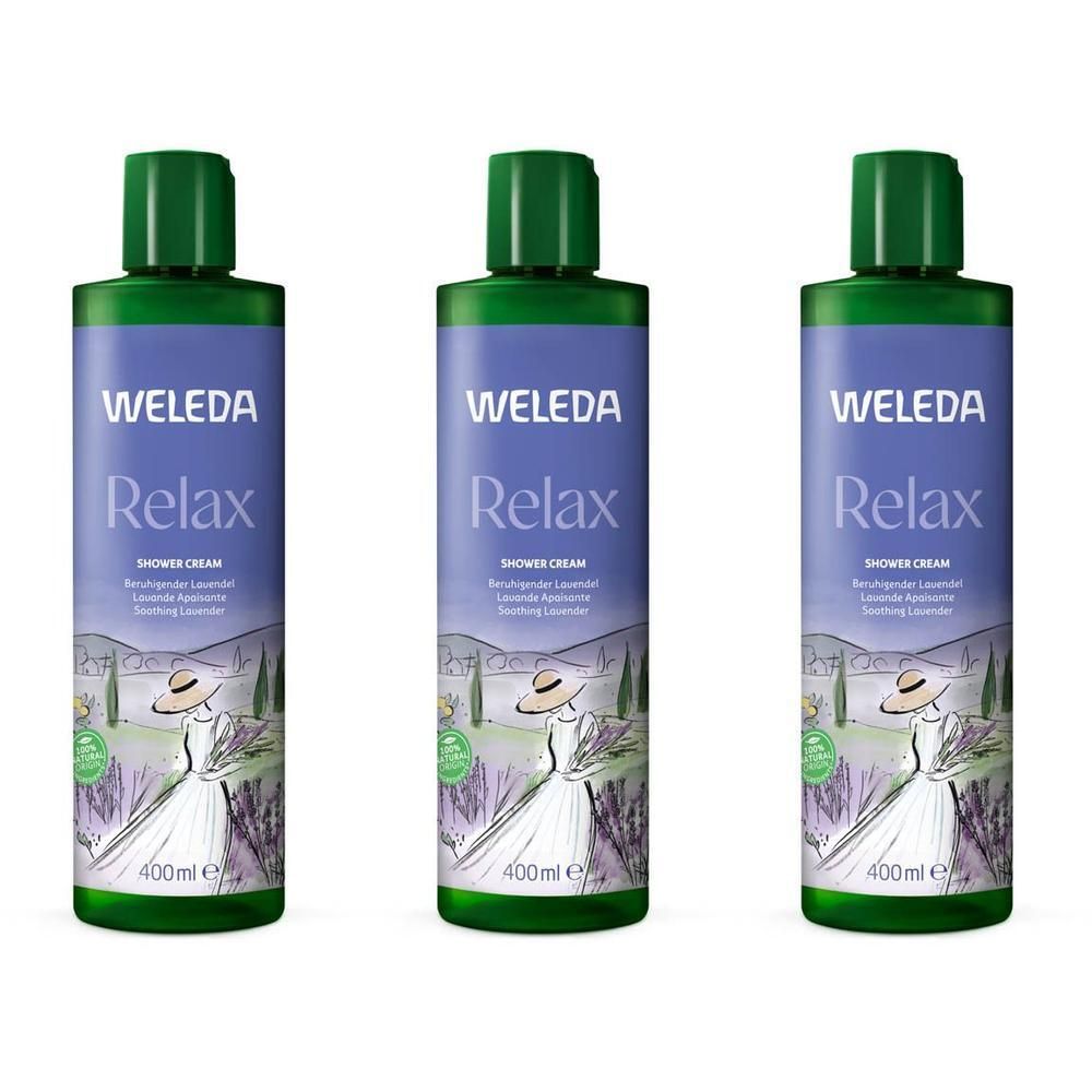 Trois flacons verts de crème de douche Weleda Lavande avec étiquette et illustration de champ de lavande.