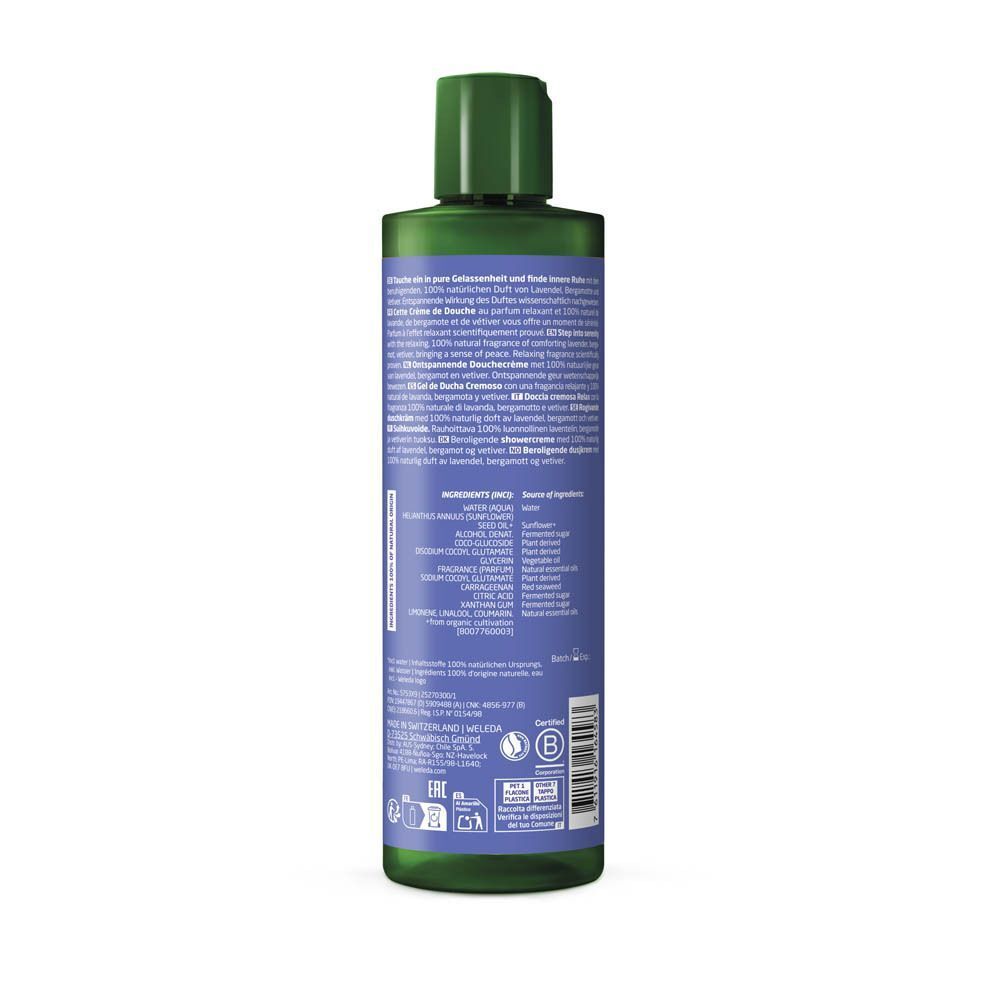 Arrière d'un flacon vert de crème de douche Weleda Lavande avec ingrédients et certifications.