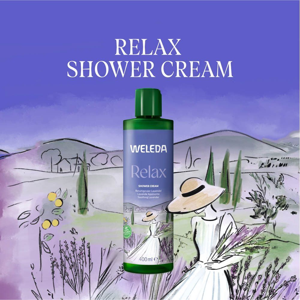 Een groene fles Weleda Douchecrème Lavendel voor een lavendelveld-illustratie met een vrouw.