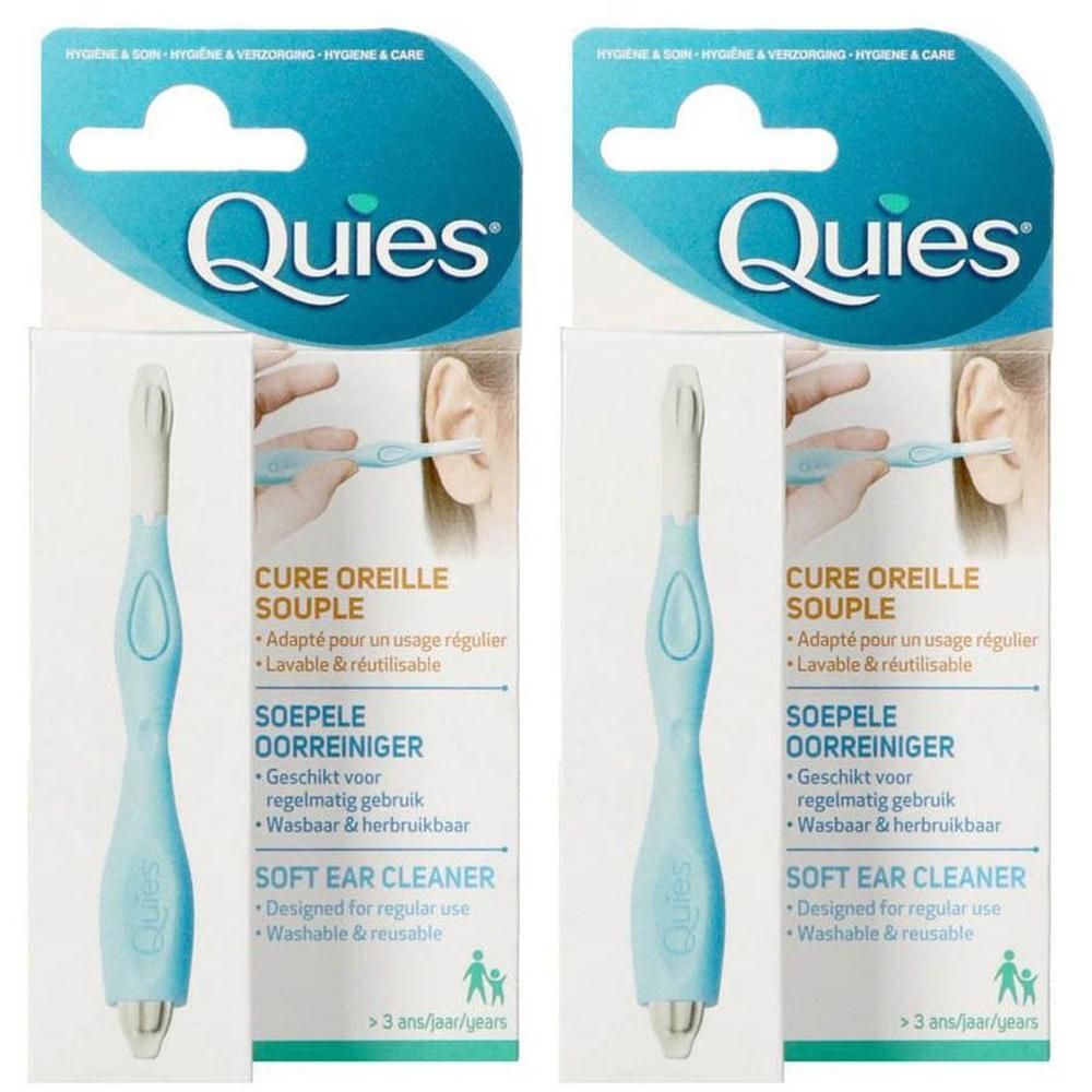 Twee pakken Quies Soepele Oorreiniger, blauw handvat en witte punt.
