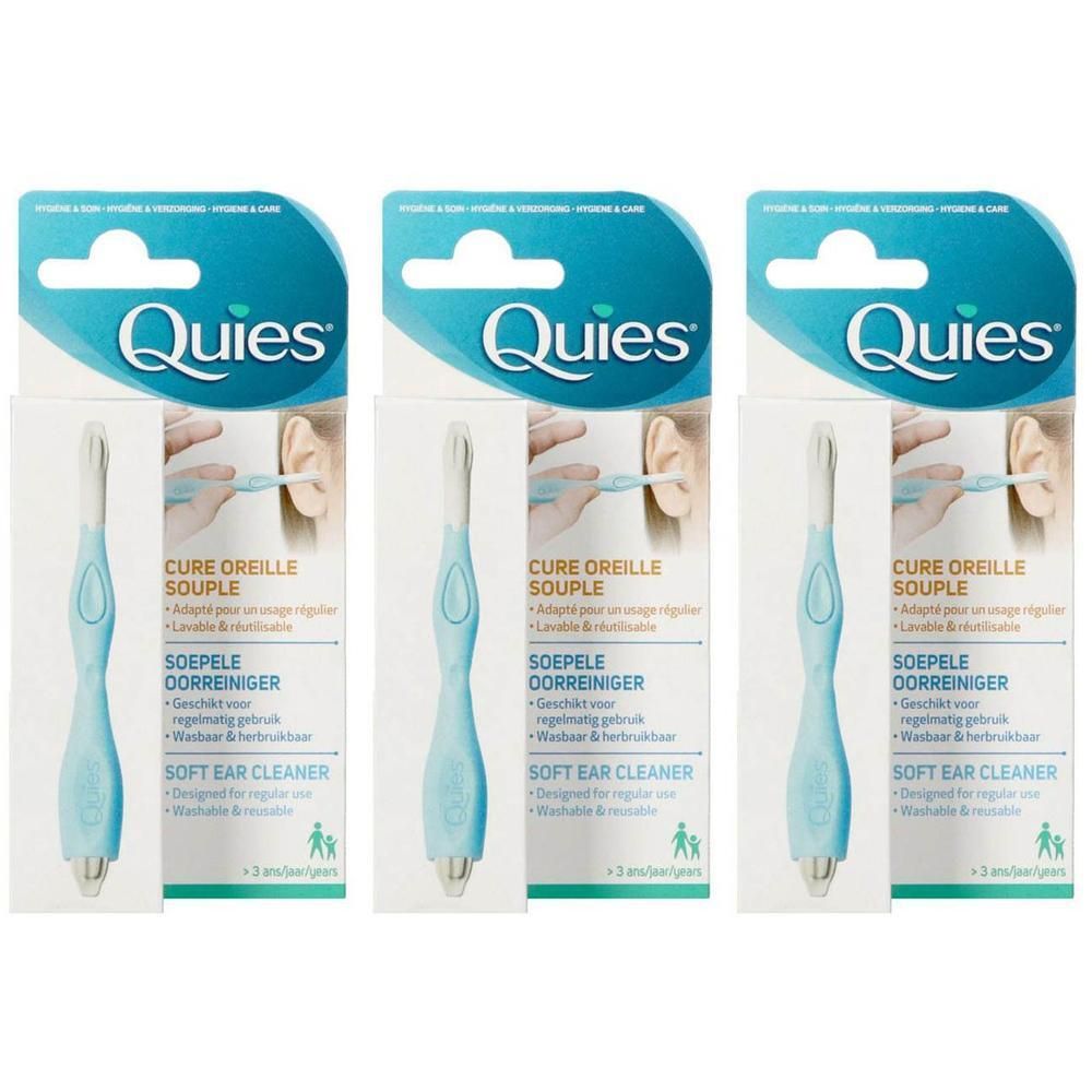 Trois Quies Cure Oreilles Souple en emballage blister. Poignées bleues, emballage blanc et bleu.