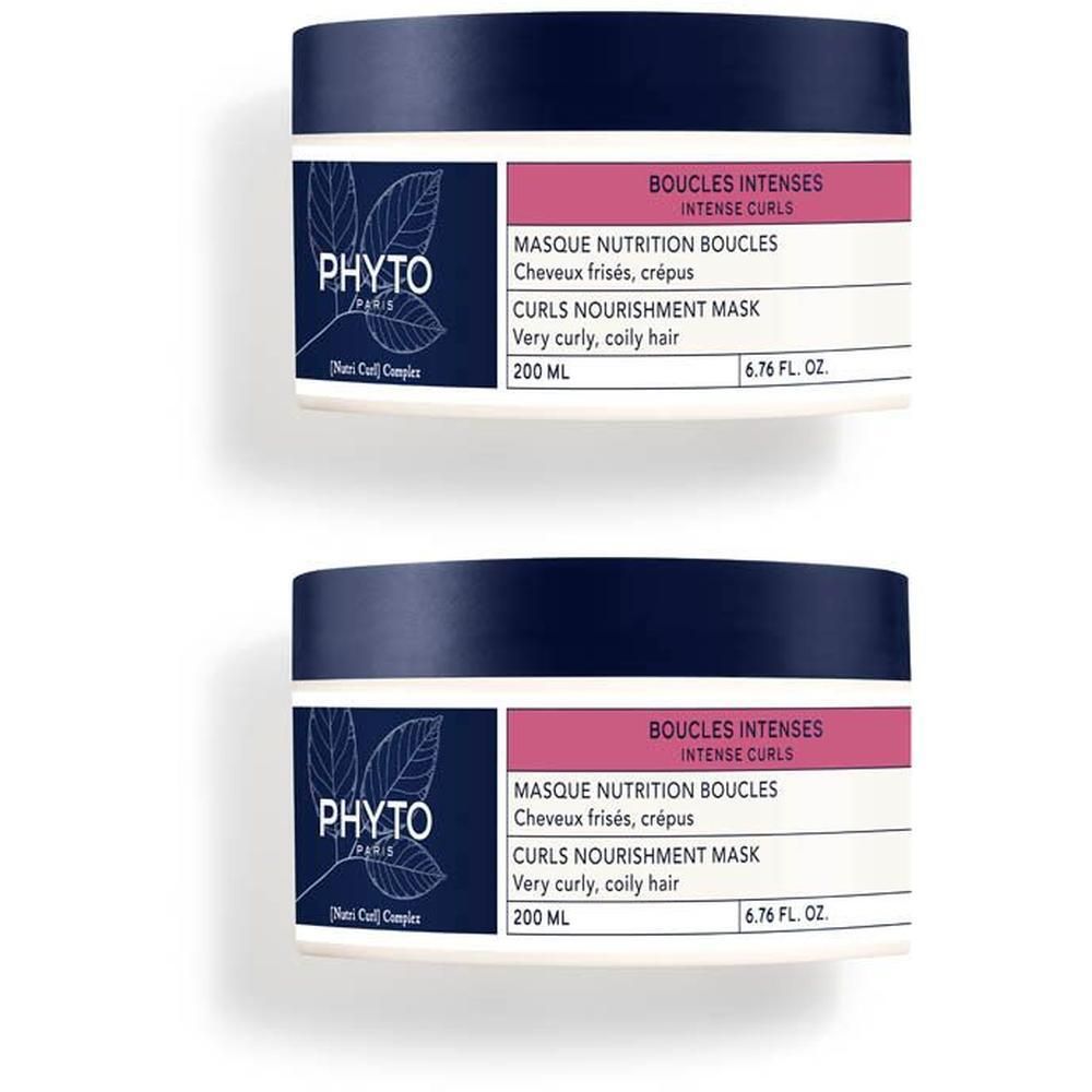 Deux pots de Phyto Boucles Intenses Masque Nutrition Boucles de 200 ml.