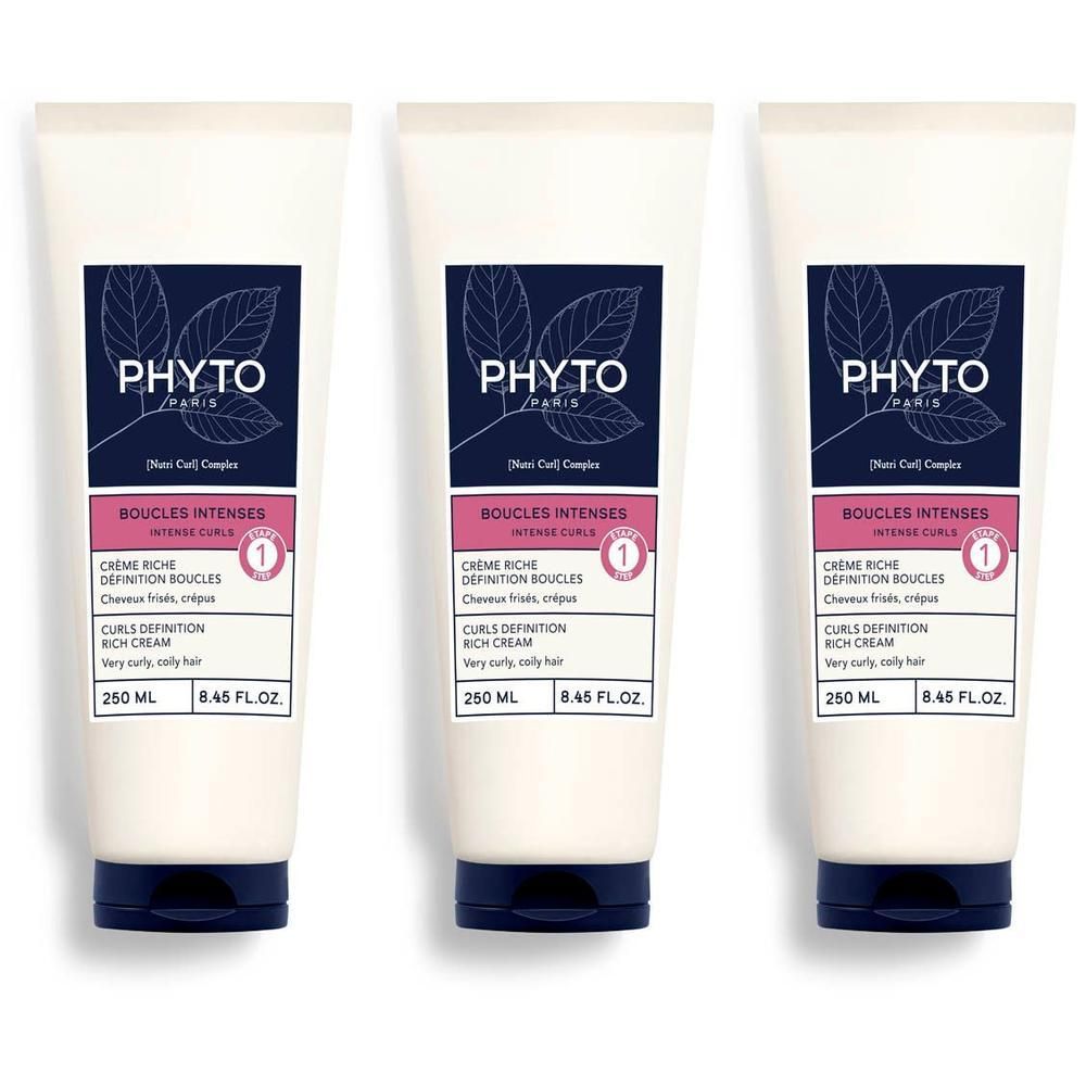 Trois tubes de Phyto Boucles Intenses Crème Riche Définition Boucles, 250 ml chacun.