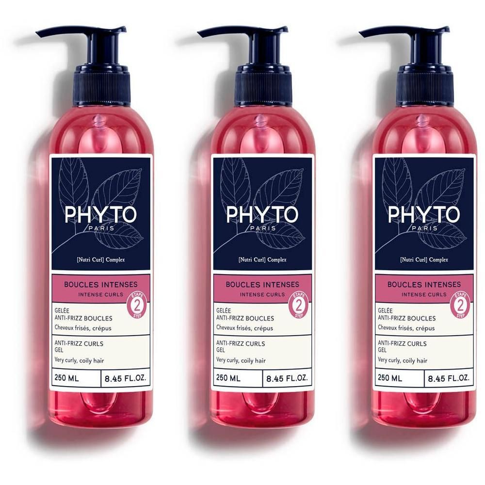 Drie flessen Phyto Boucles Intenses Gelée Anti-Frizz met pompdosering. Roze gel in transparante flessen.