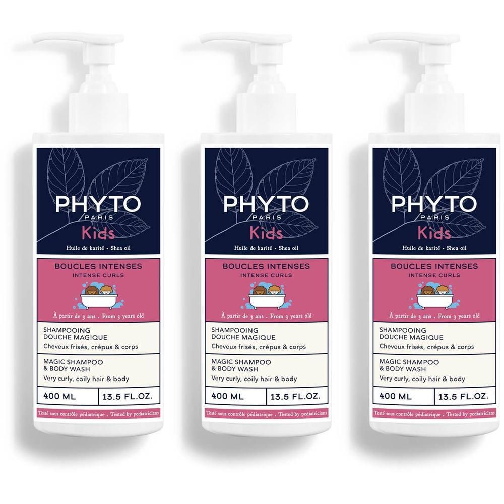 Drie Phyto Paris Kids Boucles Intenses shampooflessen met pompdispenser, 400 ml.
