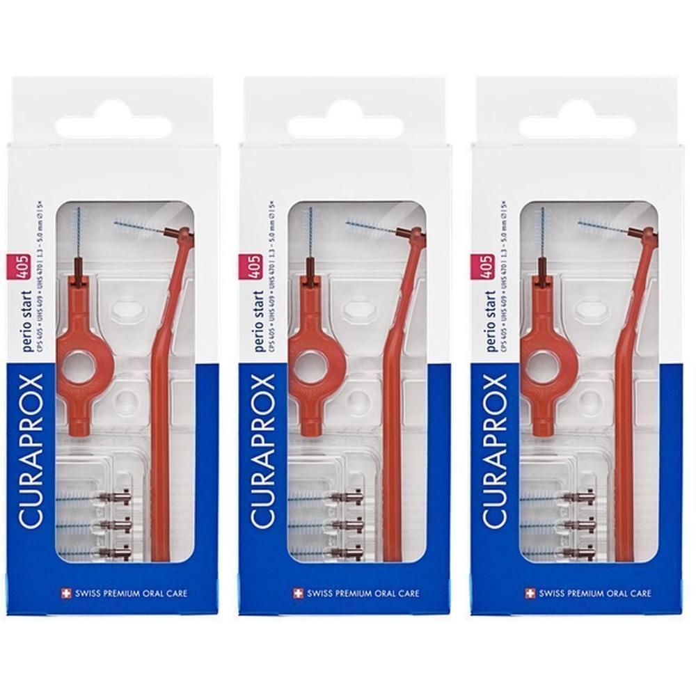 Trois paquets de brosses interdentaires Curaprox CPS 405 Perio Start, couleur orange.