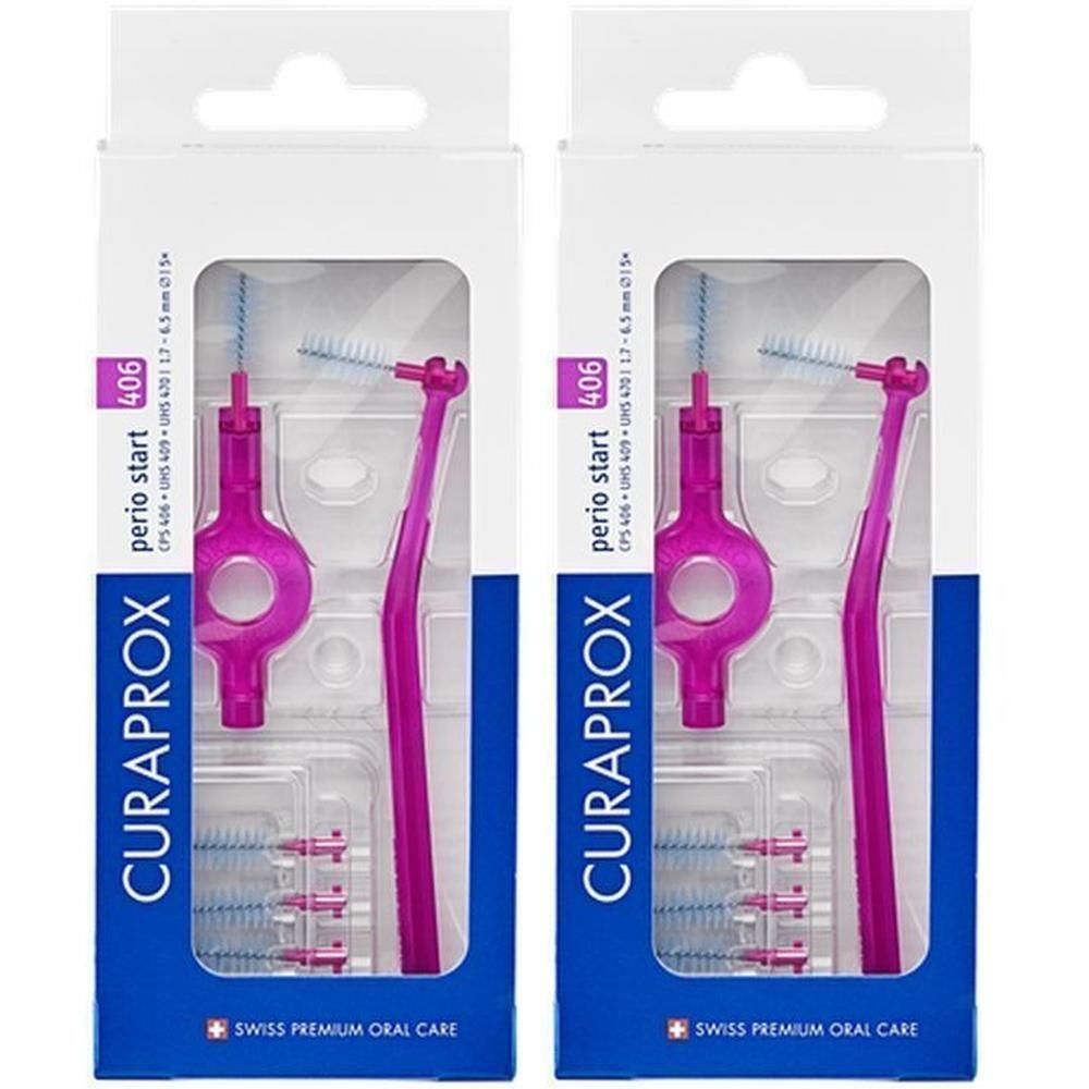 Deux paquets de brosses interdentaires Curaprox Perio roses. Chaque paquet contient une brosse et des brosses de rechange.
