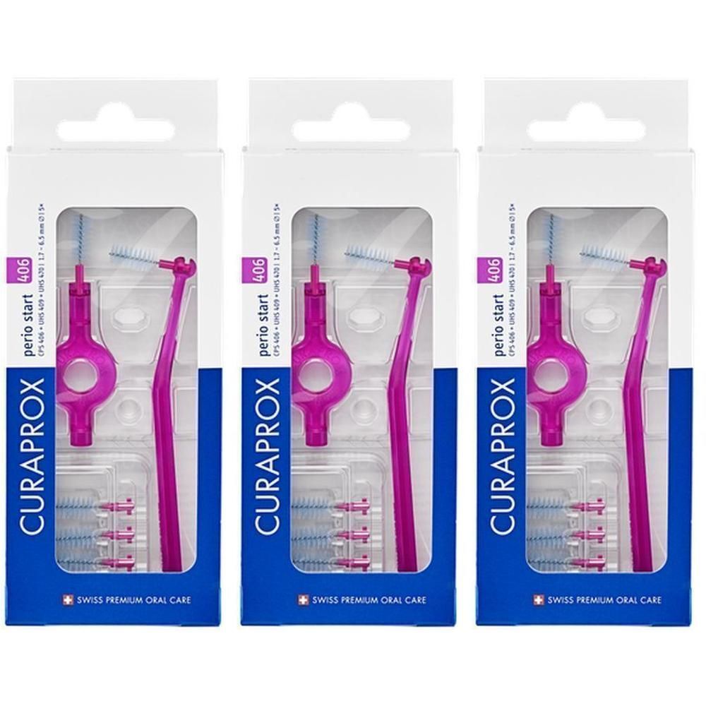 Trois paquets de brosses interdentaires Curaprox Perio Start Fuchsia. Chaque paquet contient une brosse et des têtes de rechange.