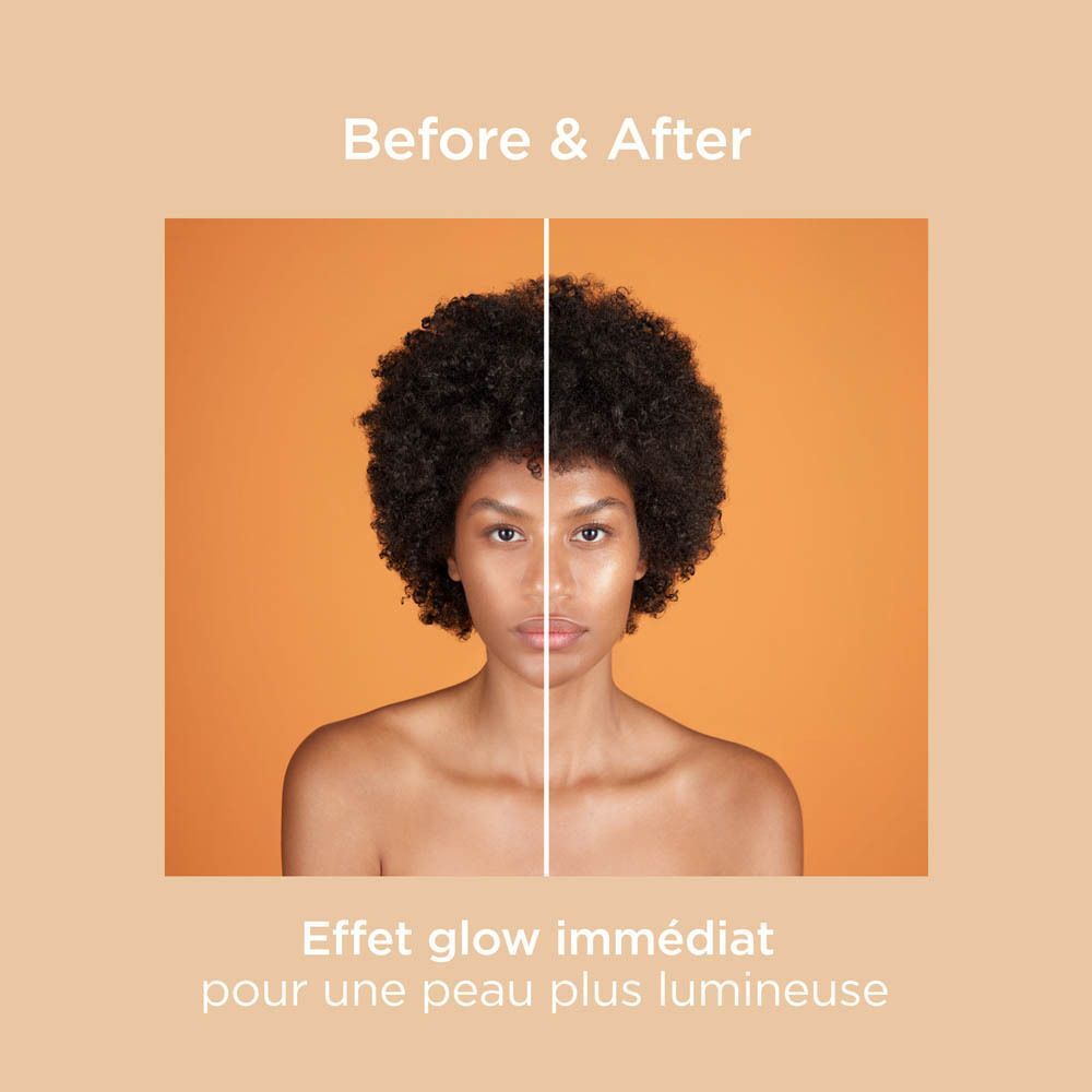 Comparaison avant/après de la peau avec la protection solaire ISDIN Fusion Water Magic Glow SPF50.