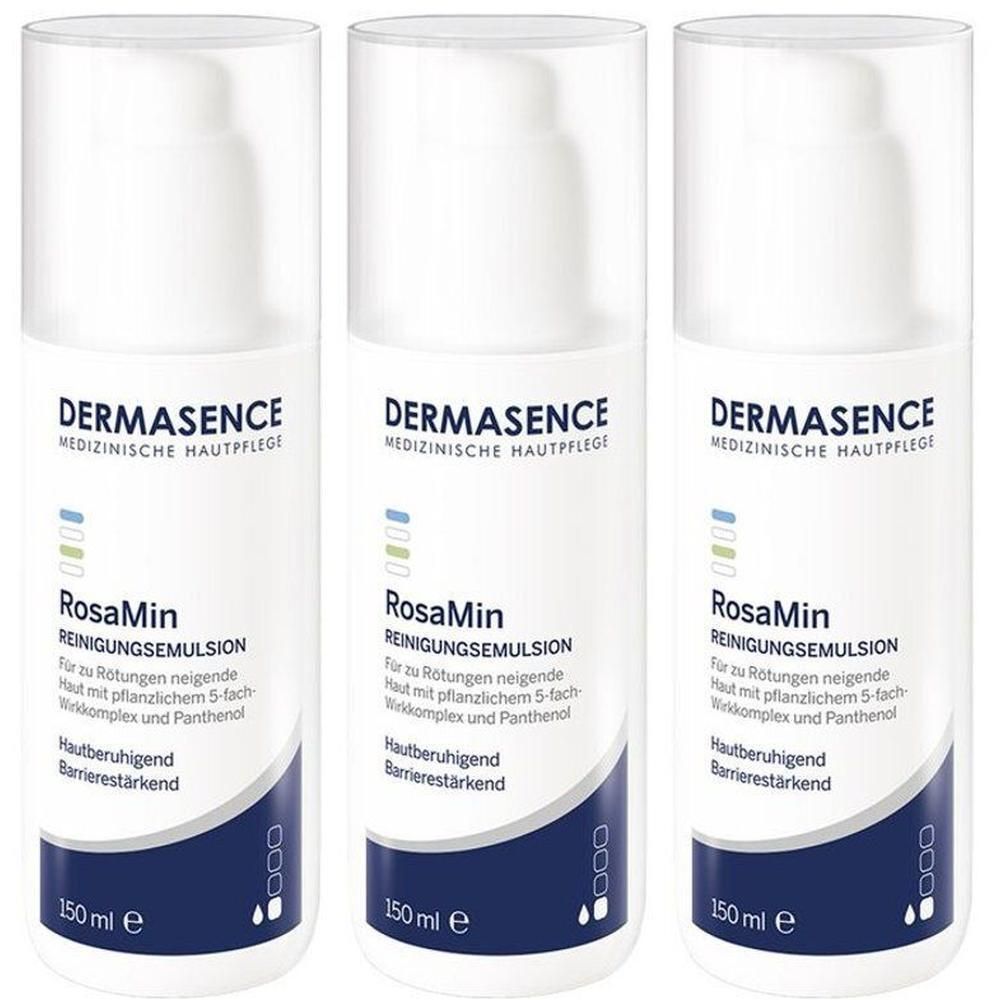 Trois flacons d'émulsion nettoyante Dermasence RosaMin, 150 ml.