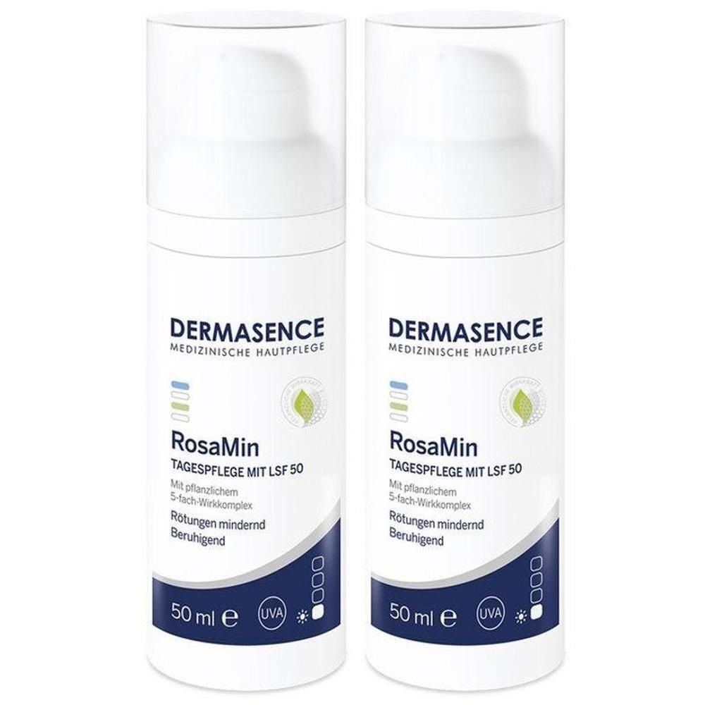 Deux flacons de crème de jour Dermasence RosaMin SPF 50, 50 ml chacun.