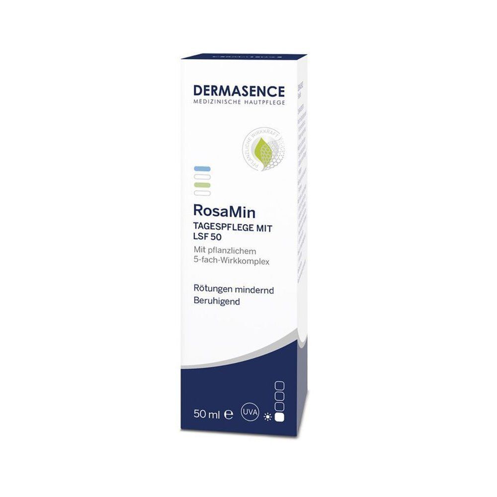 Boîte de la crème de jour Dermasence RosaMin SPF 50.