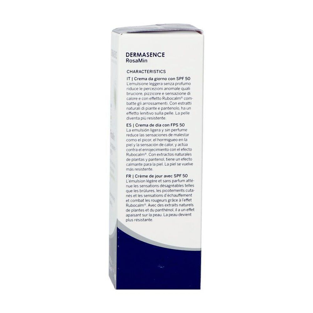 Arrière de la boîte de la crème de jour Dermasence RosaMin SPF 50.