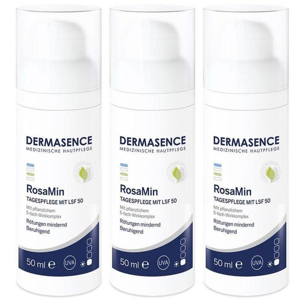 Drie witte pompflesjes met Dermasence RosaMin Dagcrème SPF 50.