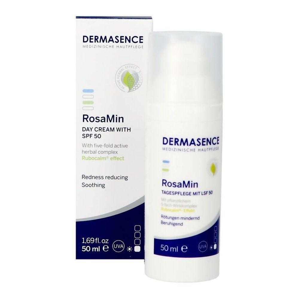 Dermasence RosaMin Dagcrème SPF 50 pompflesje naast de verpakking.