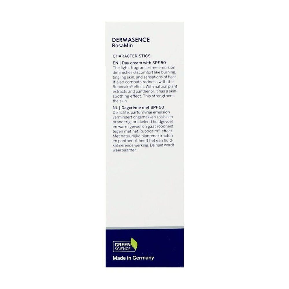 Achterkant van de verpakking van Dermasence RosaMin Dagcrème SPF 50.
