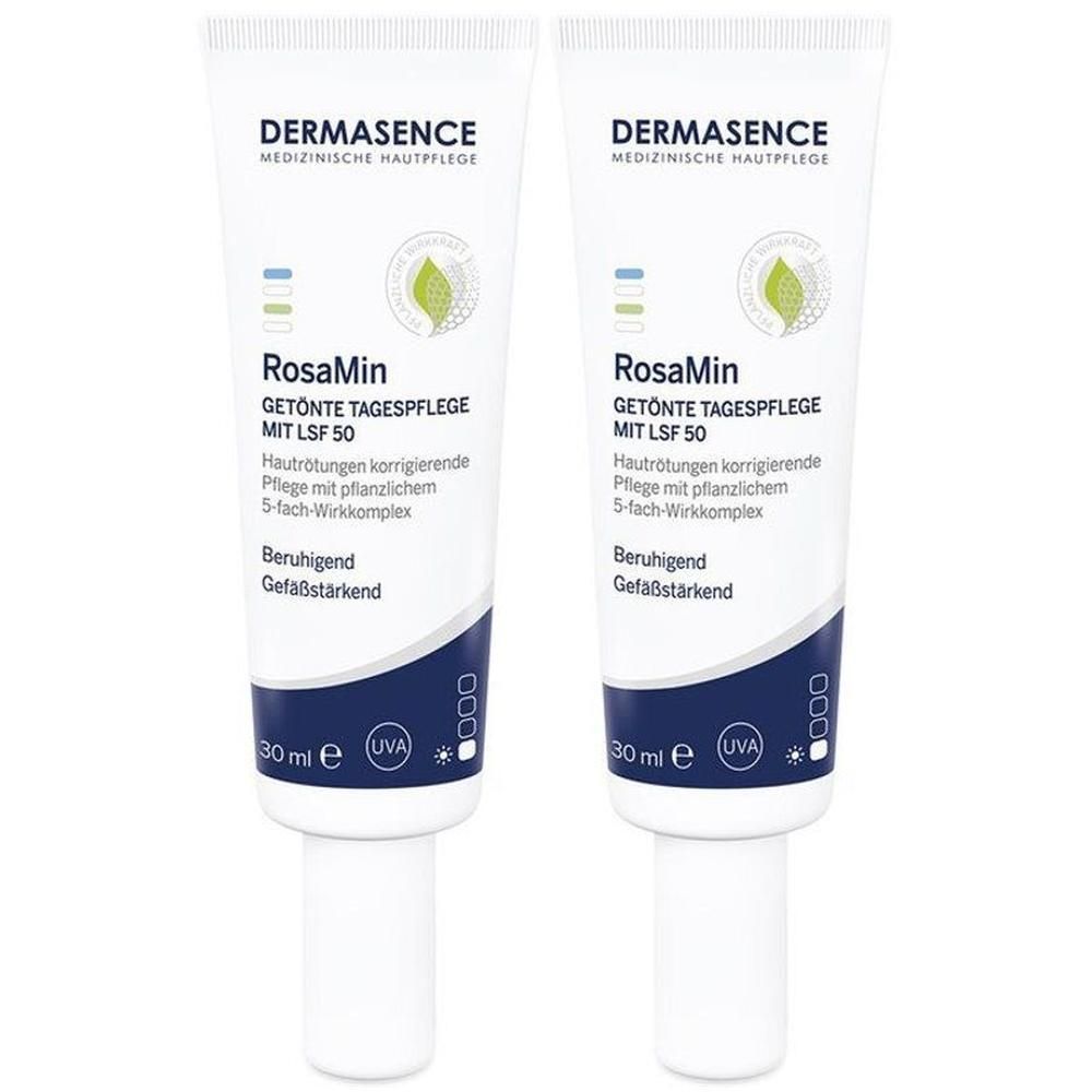 Deux tubes de crème de jour teintée Dermasence RosaMin SPF 50, 30 ml chacun.