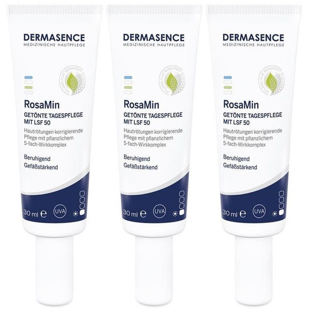 Trois tubes de Dermasence RosaMin Crème de Jour Teintée SPF 50, 30 ml chacun.