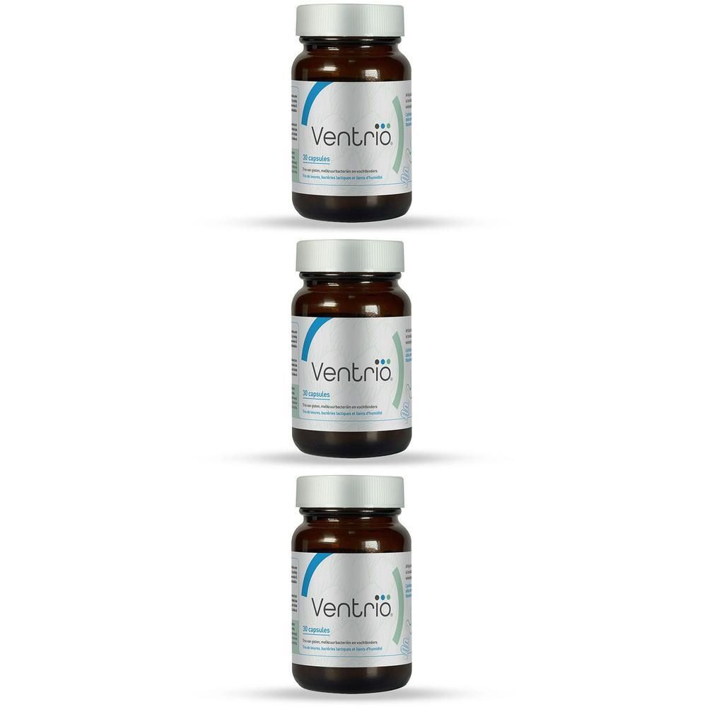 Drie flacons Ventribio Ventrio® capsules met zilveren doppen en etiketten.