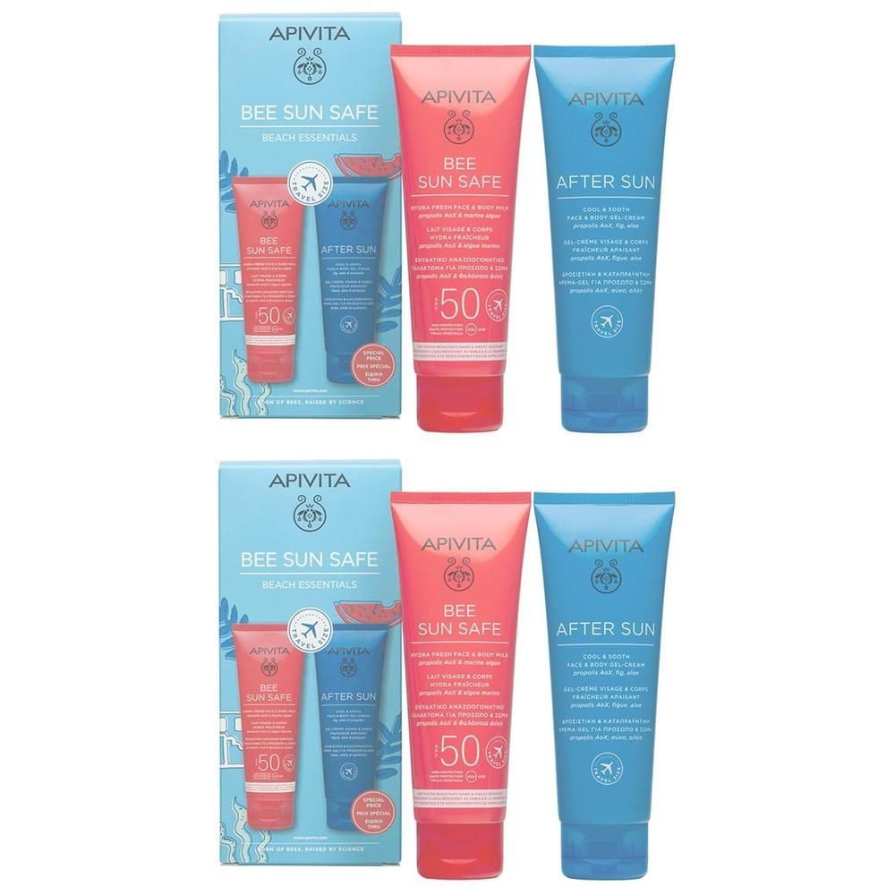 Twee APIVITA sets met zonnebrandcrème SPF 50 en after sun lotion.